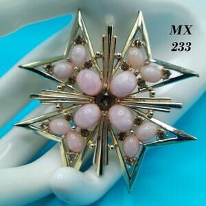 Vintage Maltese Cross Brooch, Pink Cabochons Gray Rhinestones Signed MX233